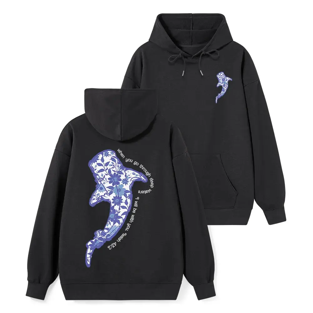 Floral Hammerhead Shark Hoodie Isaiah 43:2 Ocean Animal Double Sided Print Unisex Graphic Hooded Sweatshirt