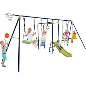 660 lbs Swing Sets for Backyard, 7-in-1 Heavy Duty Extra Large Metal Swing Frame w/2 Swings, Glider, Gym Rings, Slide, Monkey Bar, Basketball Hoop, Play Equipment for Indoor Outdoor