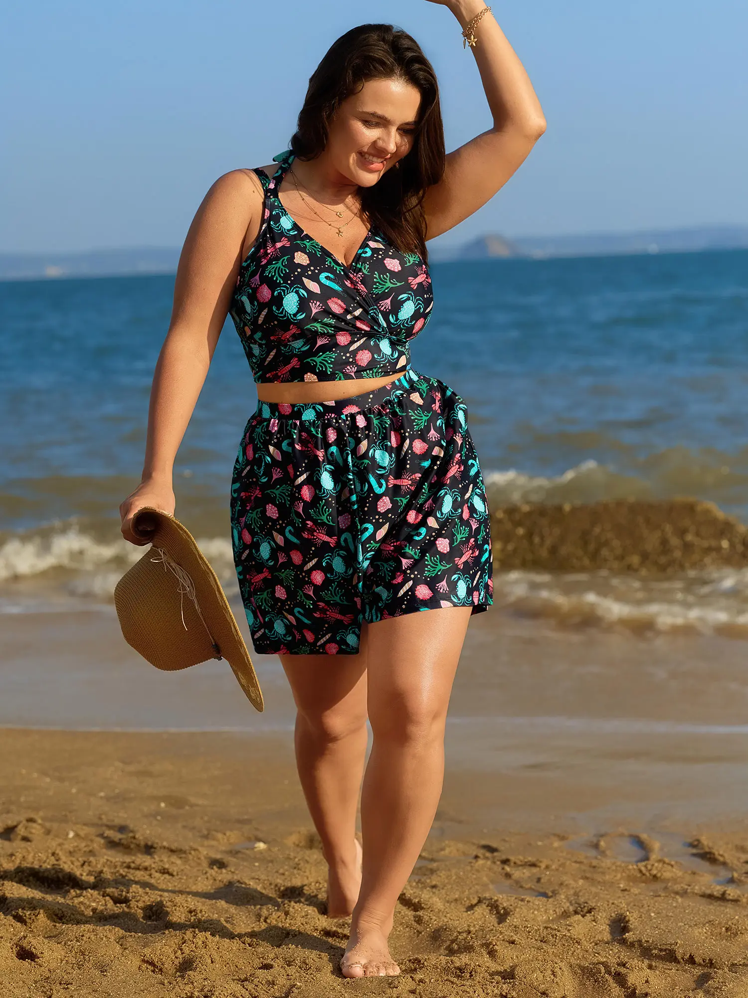 Women's BLOOMCHIC Plus Size High-Rise Tummy Control Waist Sculpting Ocean Print Synthetic Beach Wear Swimsuit Shorts [M-6X] with Side Seam Pockets, Summer Sports Plus Size Swimsuits