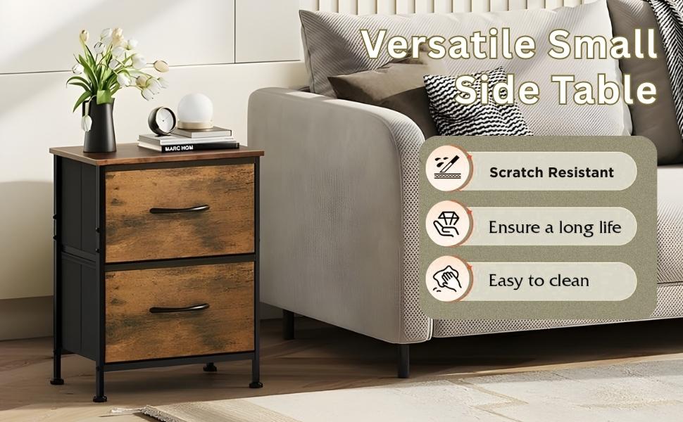 2-Drawer Nightstand with Fabric Storage, Rustic Brown Bedside Table for Small Spaces, Compact Night Stand for Bedroom, Dorm, Apartment - Easy Assembly (15.7" W x 11.8" D x 20.9" H)