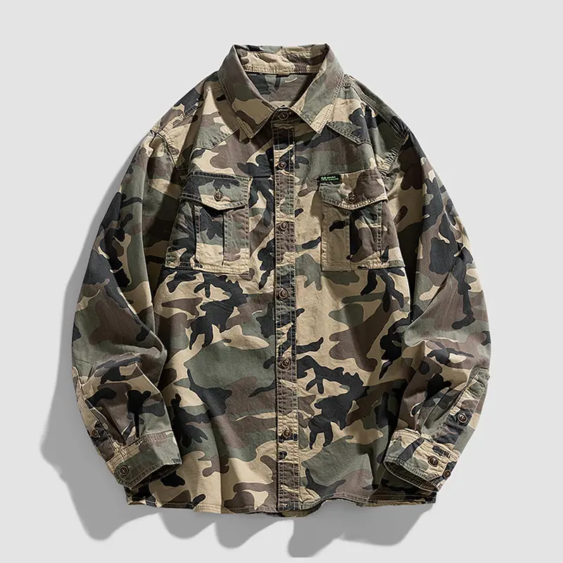 Men's Classic Stylish Camo Print Cotton-Blend Turn-Down Collar Long-Sleeve Button-Down Overshirt Jacket - Work-Casual Loose Fit Elastane-Infused Top with Flap Pockets, Western-Style Coverage