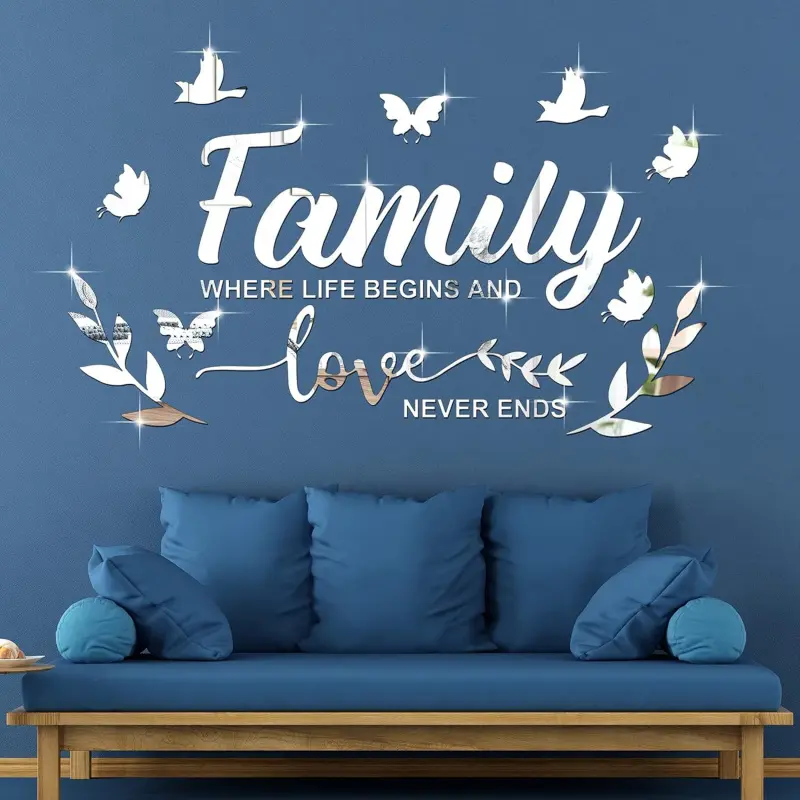 7-Piece Silver 3D Acrylic Mirror Family Love Wall Letter Quotes Decorative Stickers - Smooth Finish, Leaf & Butterfly Design, Easy-Remove DIY Art Decals, Lightweight Set, Bedroom Home Decor, Renter-Friendly Housewarming Gift (Tile Sticker Compatible), Var