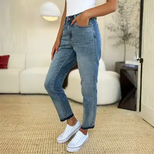 Judy Blue Full Size Mid Rise Rigid Magic Release Hem Jeans - Judy Blue Women's Mid Rise Jeans - Rigid Magic Front, Stretch Back & Trendy Release Hem
