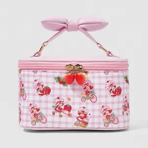 Strawberry Cosmetic Cute Bag with Pink Gingham Pattern and Bow Handle for Makeup Storage
