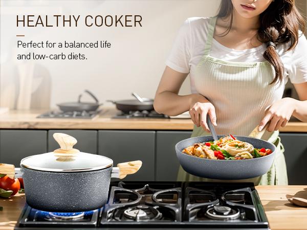 [New Colors] Kitchen Academy 12 Piece Nonstick Pots and Pans Set, Non Stick Induction Cookware Set, Kitchen Cooking Set, Frying Pans Saucepans, Silicone Steel Aluminium Glass Lid Stove