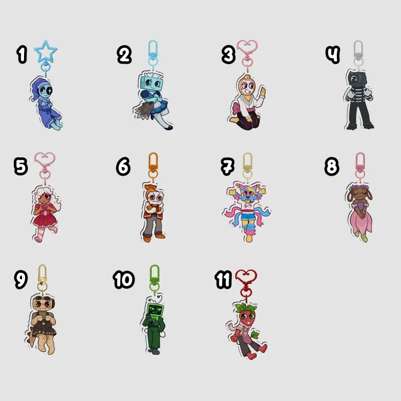 Dandy's world clear acrylic keychains: Astro/ Sprout/ Vee/ Shelly/ Yatta/ Shrimpo/ Ginger/ Tisha/ bassie/ glisten/ toodles