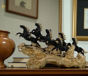 Black 22 inches 7 Running Victory Horses Resin Statue Vastu Feng Shui Showpiece for Living Room,Home Decor,Office, Housewarming,Anniversary, Birthday Gift