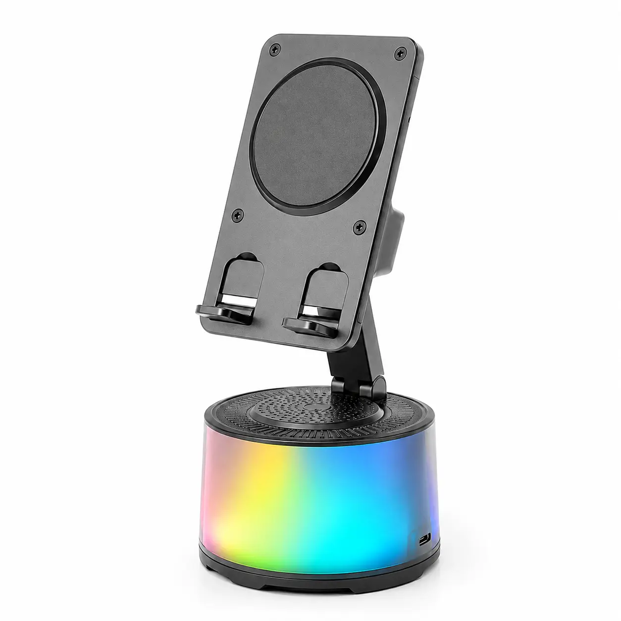 5-in-1 Wireless Induction Bluetooth Stereo Speaker with USB, Radio, Adjustable 300° Foldable Mobile Phone/Tablet Holder, 3000mAh Rechargeable Emergency Power, Colorful Ambient Light (Black) – Festive & Home Gift for Adults, Portable