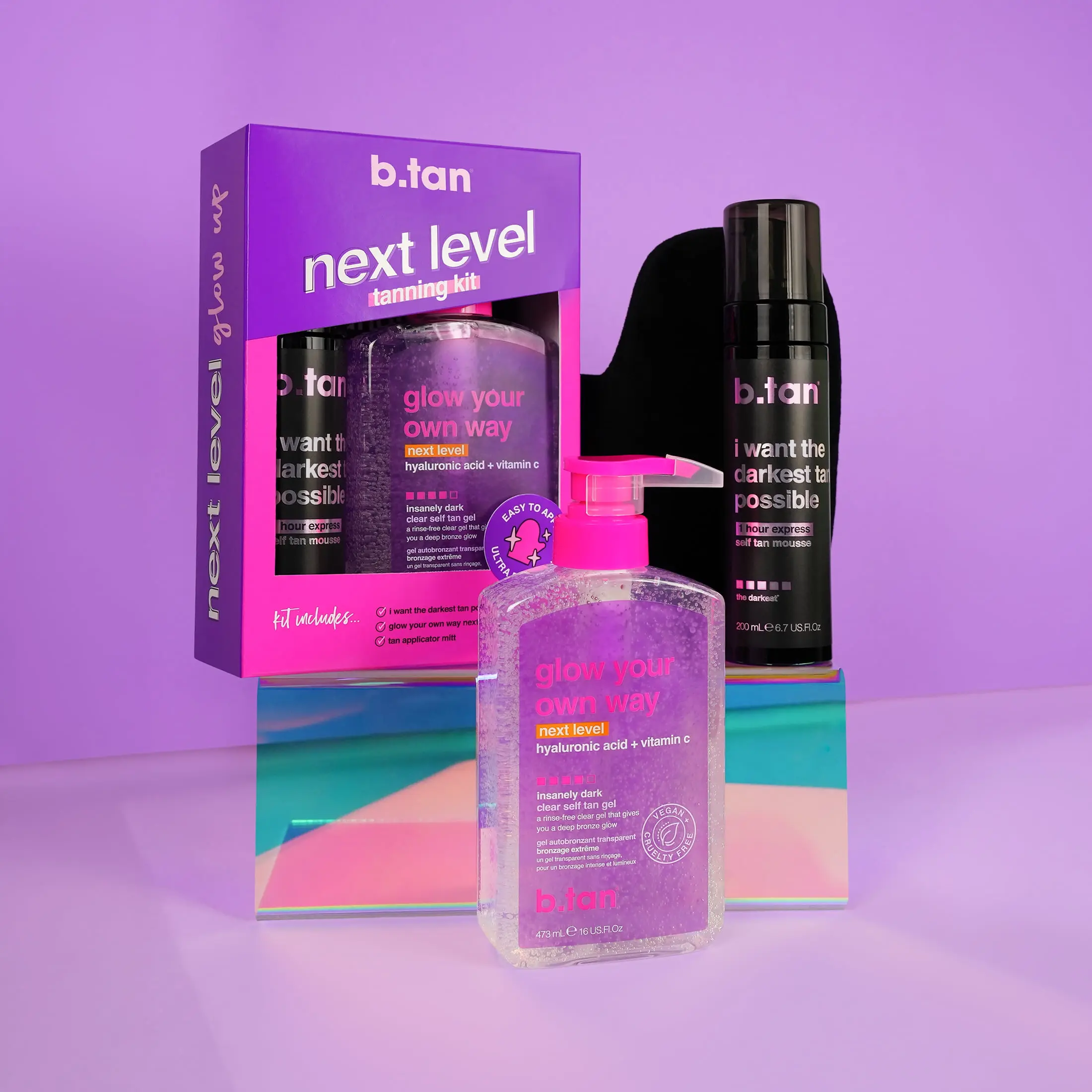 Ultra Dark Self Tanning Kit - Next Level Duo Bundle with Fake Tan Mousse, Clear Tanner Gel, Smooth Mitt Applicator, 1-Hour Express Sunless Foam for Fast Summer Bronze, Hydrating Self Tan Gel with Hyaluronic Acid, Vitamin C, Next Level Tan