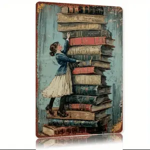 Vintage Metal Sheet Art: Librarian Organizing Books | vintage Iron Wall Decor, Library Theme, Ideal for Entryway, No Electricity Required, Print, Artistic summerwins