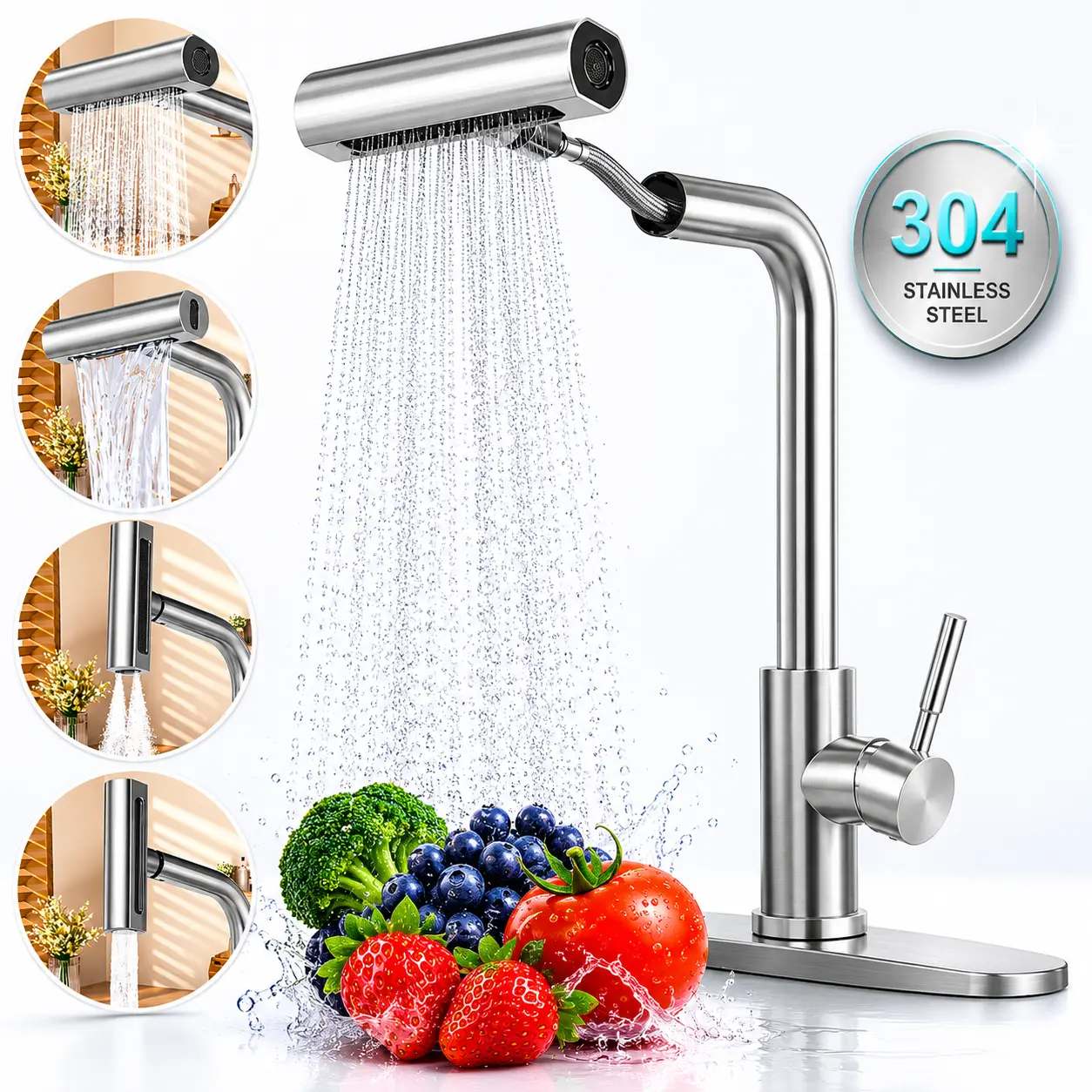 PHANCIR Kitchen Faucet with 4 Modes 15.7" Pull Down Sprayer, 360° Swivel Stainless Steel Kitchen Sink Faucet with No-Leak Ceramic Valve, Easy Install for Farmhouse Camper Laundry RV Bar