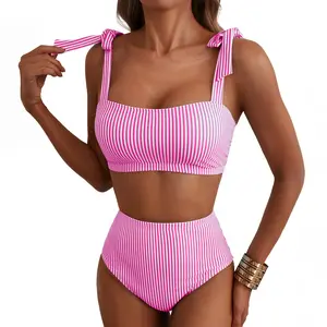 Aleumdr Women's Tie Shoulder Bikini Sets 2 Piece Striped Swimsuits High Waisted Bathing Suits