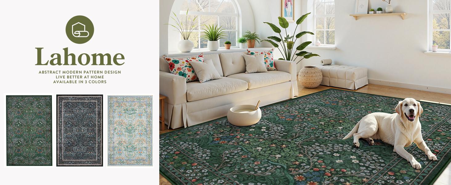 Lahome Floral Area Rugs, Soft Washable Rugs for Living Room Bedroom, Boho Non-Slip Forest Large Throw Carpet for Farmhouse Dining Room Office