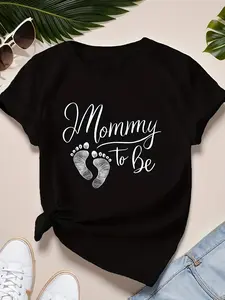 1pc "Mommy to Be" Graphic T-Shirt| Soft, Crew Neck, Short Sleeve, High Stretch Fabric - Casual Women'S Top for Spring/Summer, Machine Washable 180g, Maternity Clothing| Playful Lettering, Geometric Pattern