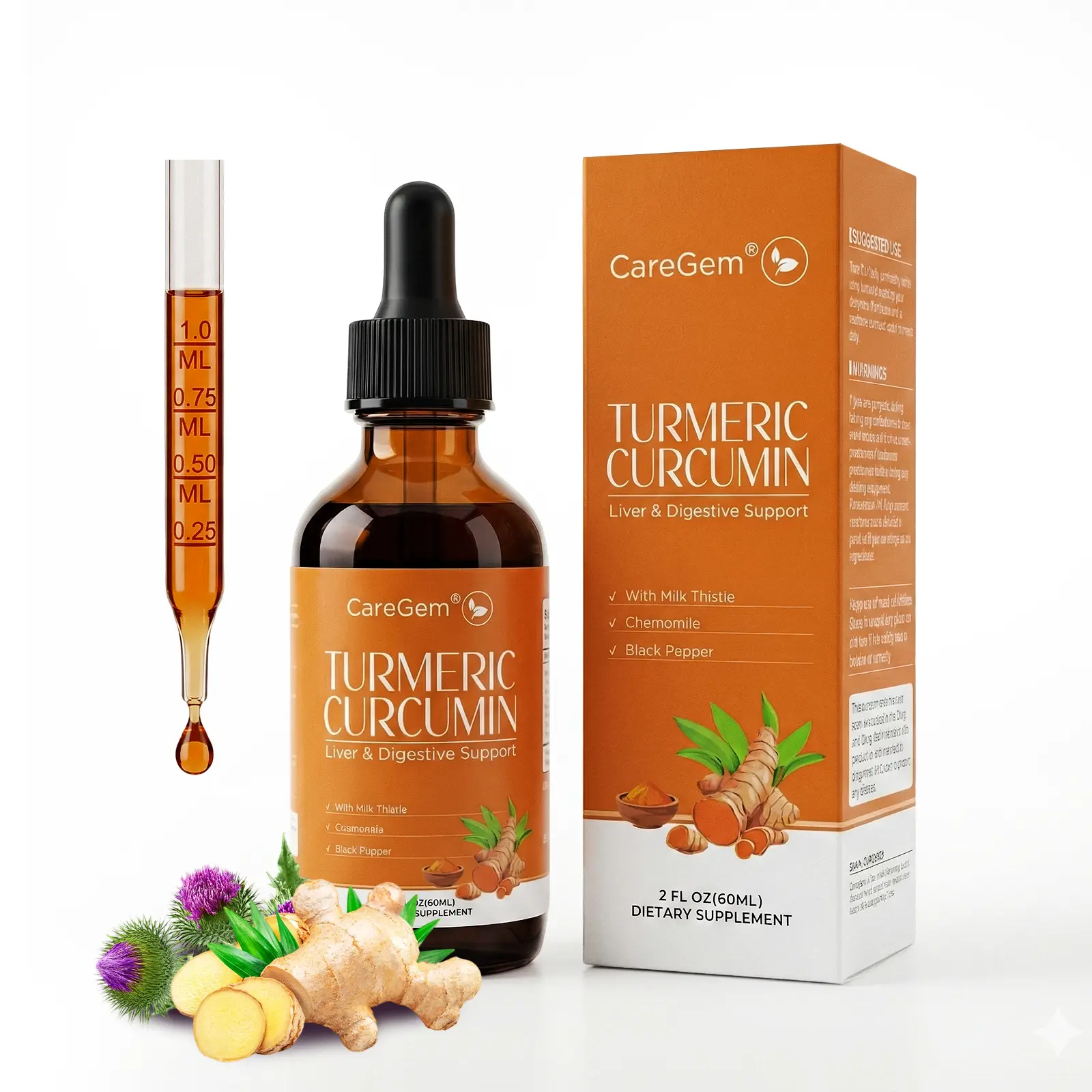 CareGem Turmeric Curcumin & Milk Thistle Liquid Drops for Liver Health Support | Herbal Blend with Dandelion, Chamomile, Black Pepper & Ginger | Orange Flavor | 2 fl oz