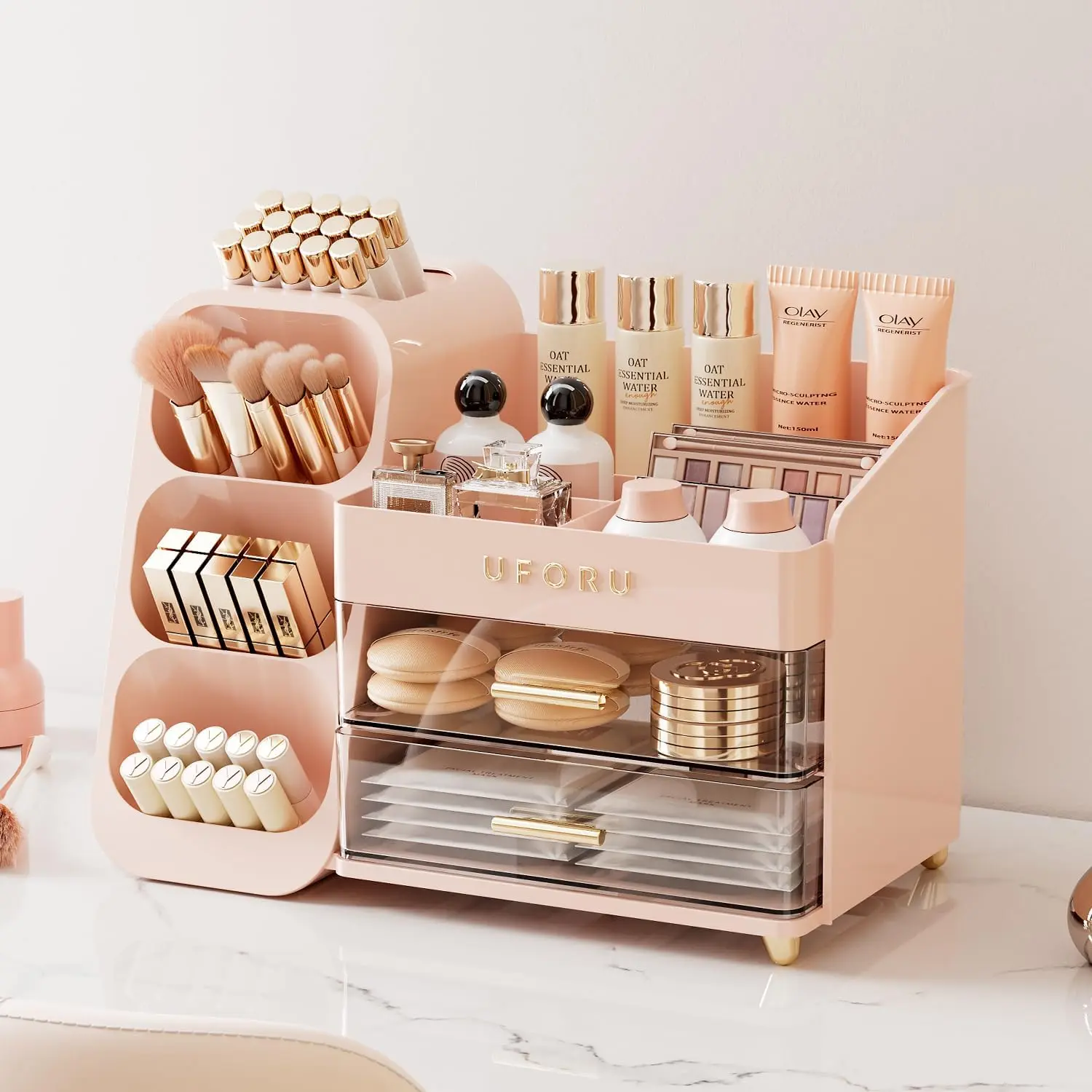 UFORU-Large Capacity Makeup Storage Box, Multi-functional Makeup Brush Lipstick Eyebrow Pencil Storage Box, Desktop MakeupOrganizer,Cosmetics Organizer Storage, jewelry organizer Pink,White,dorm essentials,home decor