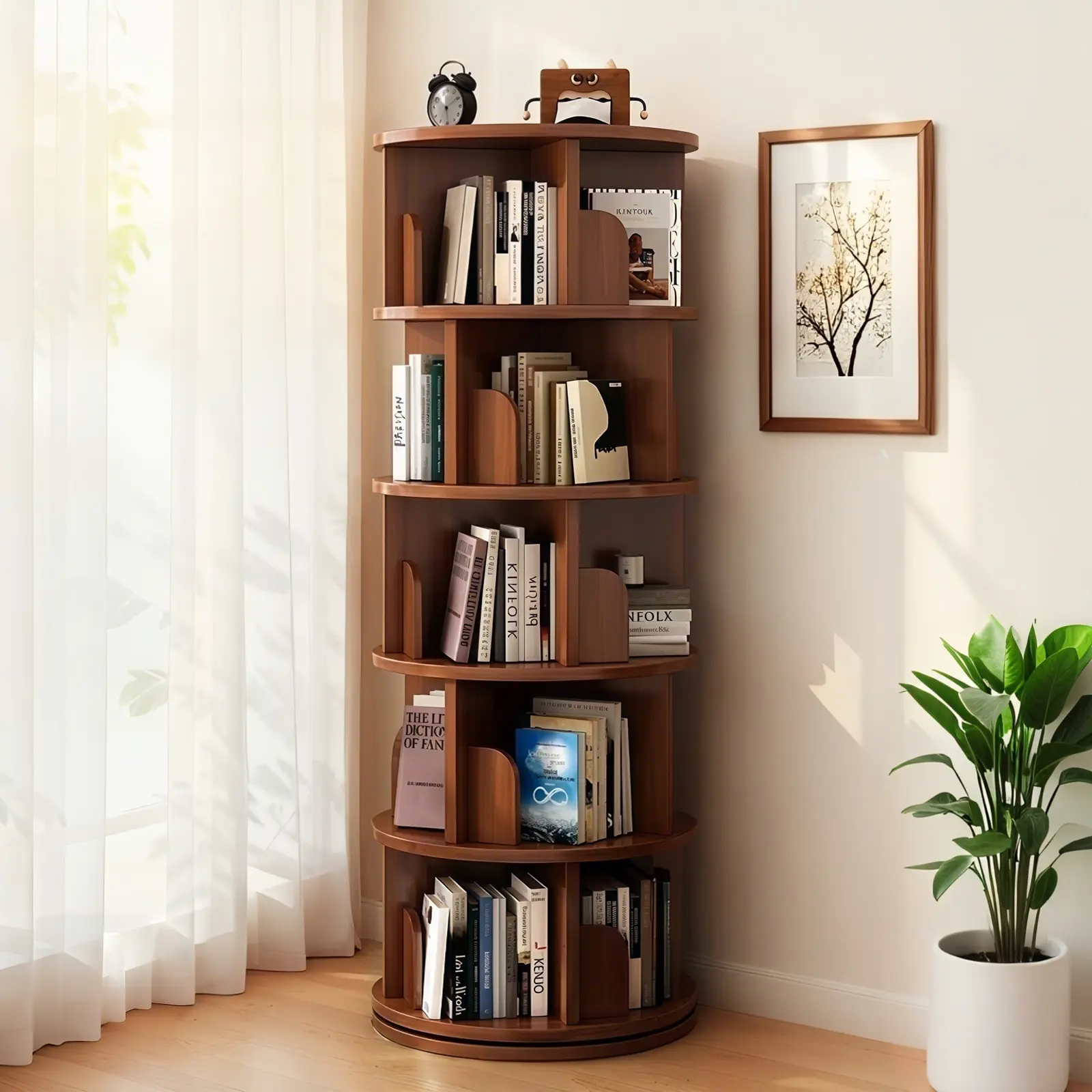 5 Tier 360° Rotating Bookshelf, Round Spinning Display Storage Tower, Space-Saving for Bedroom Living Room Home Office, Walnut Wood White summerwins