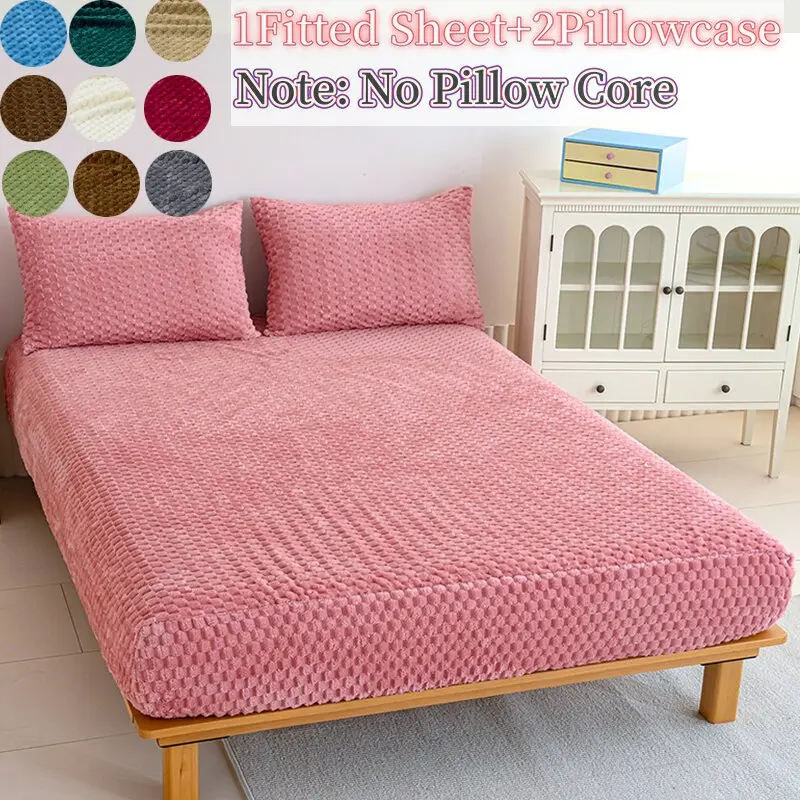 King Queen Size Plush Fleece Bed Skirt Set with Soft Skin-Friendly Material, Lightweight Breathable Bedding, Includes 1 Skirt 2 Pillowcases