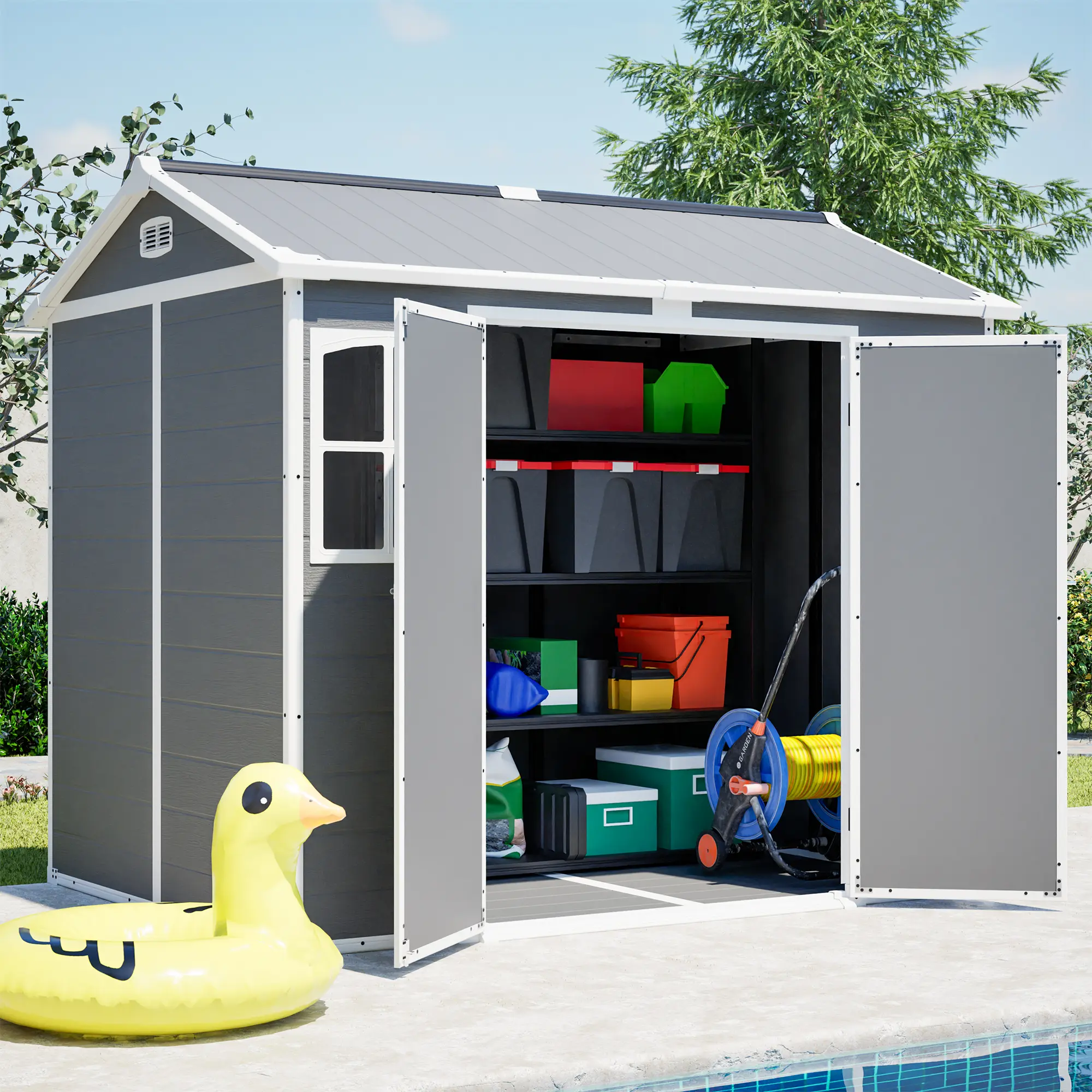 Gray-White Polypropylene Outdoor Plastic Storage Shed (8x6 FT/2.44x1.83 m), Heavy-Duty Self-Assembly Shed with Lockable Doors, Built-in Floor, Chemical-Resistant Waterproof All-Weather Durability for Tool, Backyard Lawn Equipment Storage, Gardening