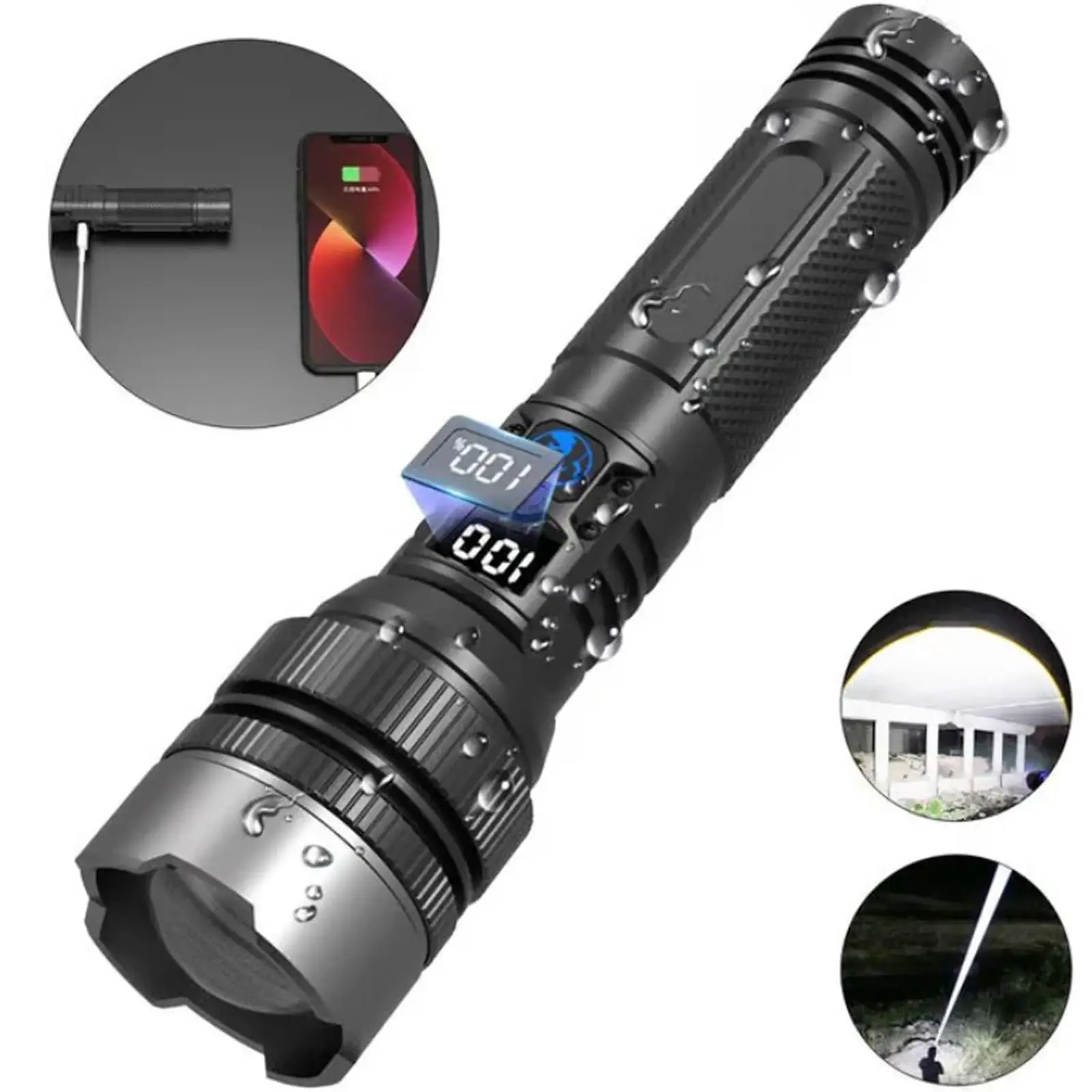 2-in-1 Compact Cordless LED Flashlight-Power Bank (Black) for Outdoor Enthusiasts, High Lumen Rechargeable EDC Emergency Torch with Digital Power Display, Zoomable, Adjustable Brightness, USB Port, USB Cable, Edc Flashlight, High Lumen Rechargeable Flashl