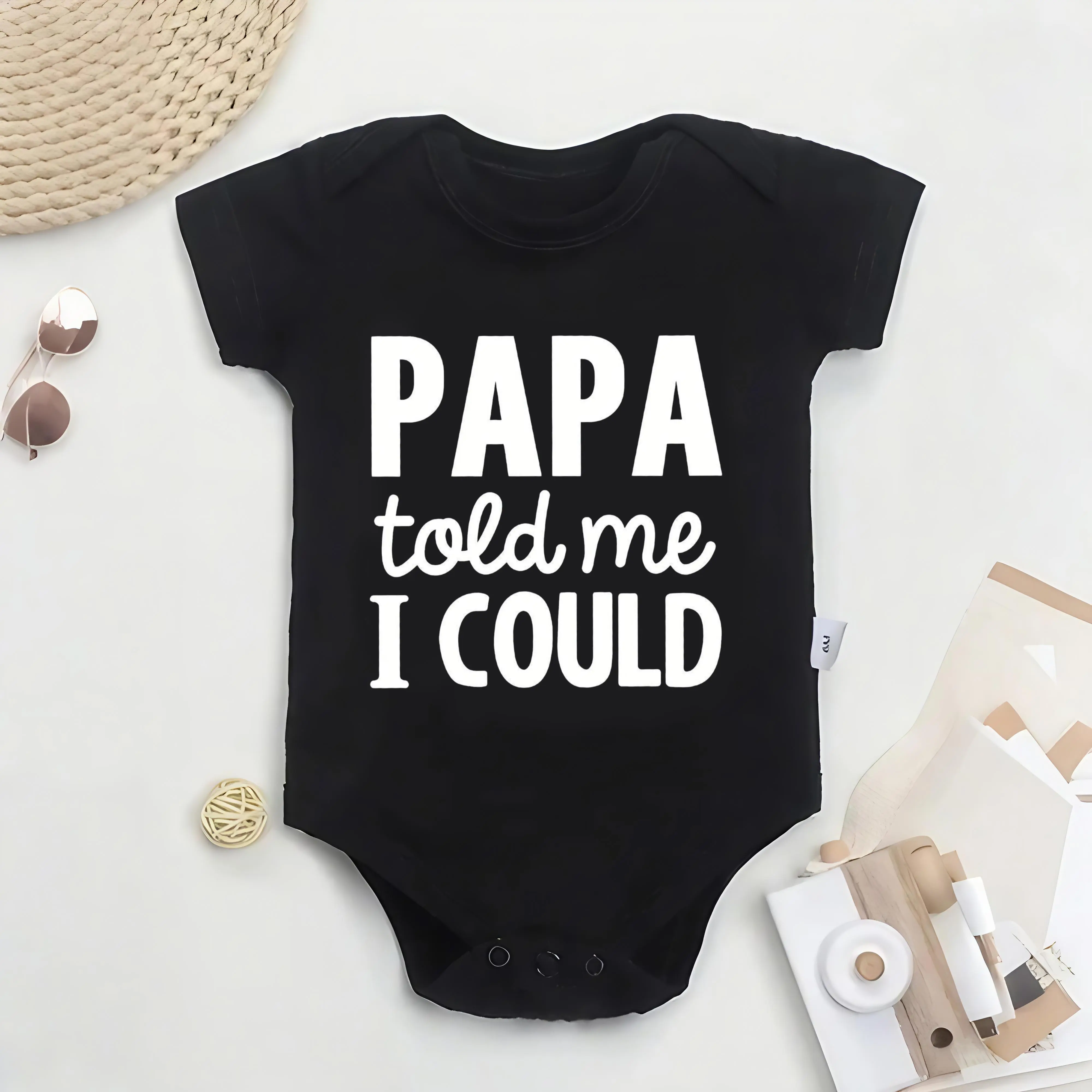 Cute Cotton Baby Bodysuit with "PAPA TOLD ME I COULD" Print, Round Neck, Button Detail, Regular Fit, All Seasons Knitted Fabric Onesie
