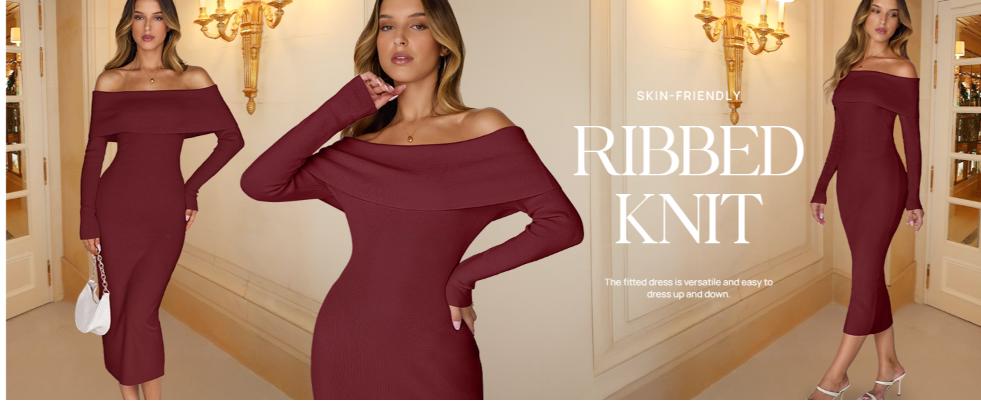 MEROKEETY Women's Fall Off Shoulder Bodycon Sweater Dress 2025 Formal Long Sleeve Elegant Club Party Midi Maxi Dresses