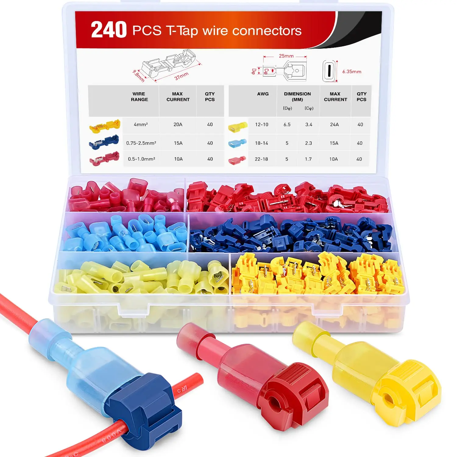Nilight Terminal Connectors Kit, 240Pcs/120 Pairs Self-Stripping T-Tap Splice Wire Terminals with Nylon Fully Insulated Male Quick Disconnects for Home Wiring, Marine Use (Father's Day Gift)