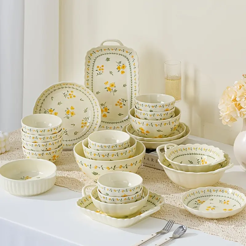 24/36/48-Piece French Country Ceramic Dinner Set, Colorful Decorative Flowers Pattern, Warm Tone, Dishwasher-Safe, Microwave-Safe, Spring-Ready Food-Serving Tableware, Colorful Style Dinner Sets