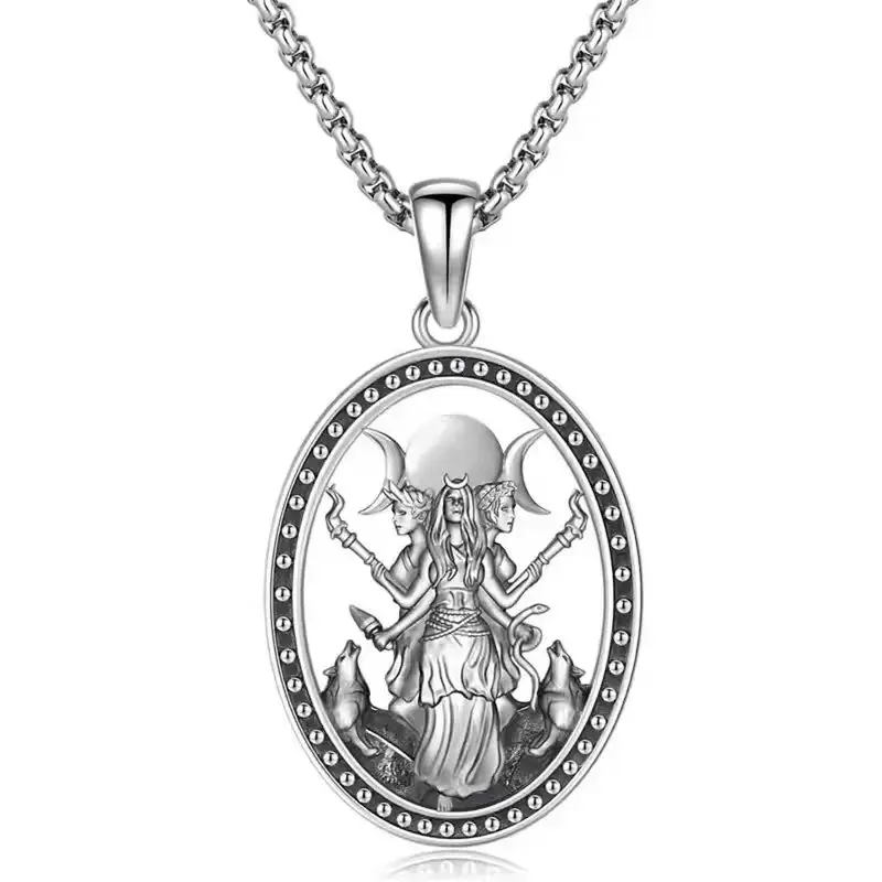 Gothic Hecate Necklace with Triple Moon Wolves Pendant, Vintage Witchy Jewelry, Celestial Goth Style Accessory for Men & Women, Gothic Style, Witchy Stuff, Celestial Goth Necklaces, Dark Gothic Necklaces