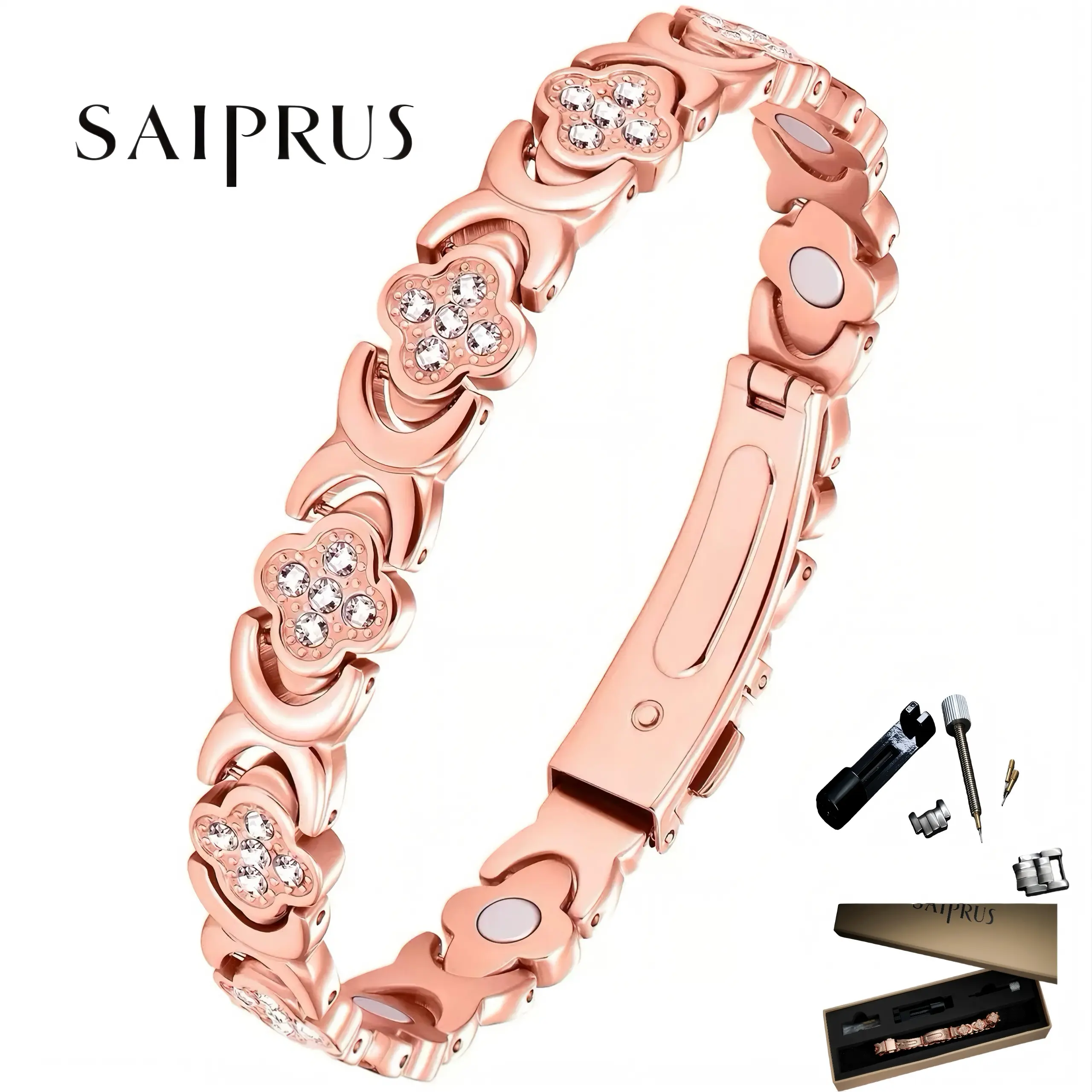 SAIPRUS Rose Gold-Plated Pure Copper Magnetic Bracelet - 3500 Gauss Magnetic Force, 4-Leaf Clover Charm, Unisex Elegant Lucky Jewelry, Perfect Gift, Fashion Jewelry Accessories, Jewellery Accessories, Charms Bracelet, Clover Flower Bracelet