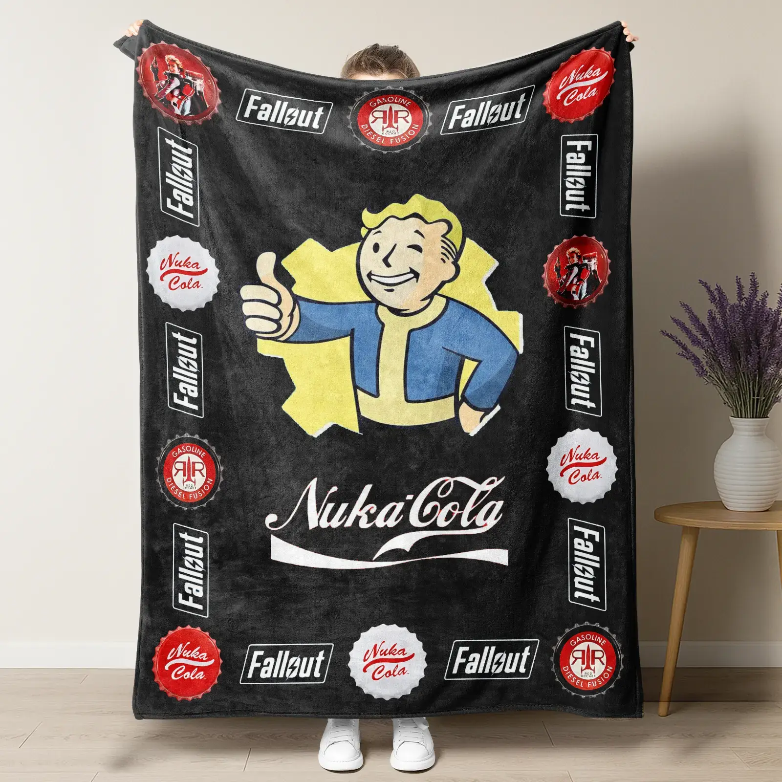 Fallout Vault Boy Nuka Cola Retro Gaming Flannel Throw Blanket - Premium Flannel Material, Iconic Collage Design with Vault Boy Red Rocket Logos, Warm Blanket for Gamer Room Decor, Birthday Christmas Gifts