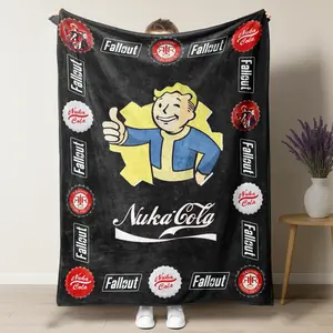 Fallout Vault Boy Nuka Cola Retro Gaming Flannel Blanket - Premium Flannel Material Iconic Collage Design with Vault Boy Red Rocket Logos for Gamer Room Decor Mother's Day Valentine's Day Birthday Christmas Gift