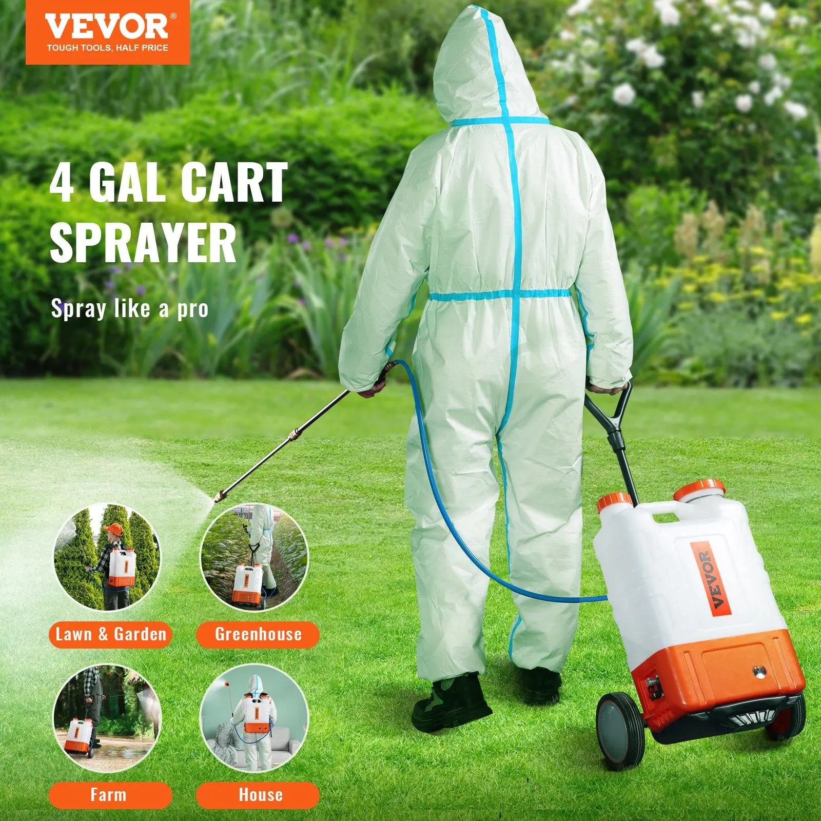 【Summerfinds】VEVOR Battery Powered Backpack Sprayer with Cart, 0-94 PSI Adjustable Pressure, 4 Gallon Tank on Wheels, with 8 Nozzles and 2 Wands, 12V 7.2Ah Battery, Wide Mouth Lid for Weeding, Spraying, Cleaning