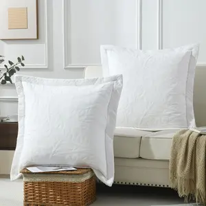 100% Cotton Quilting Leaf Motif Pillow Shams Set of 2, 26"x26" Euro Size Elegant Surface Natural