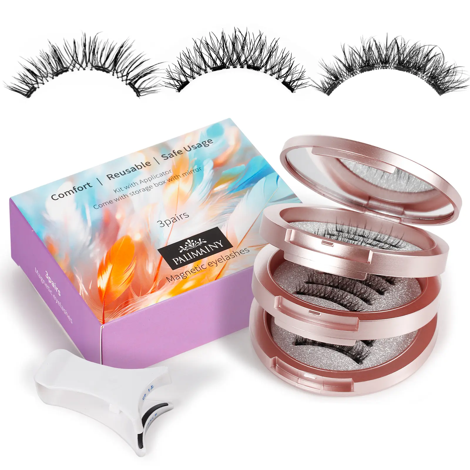 PALIMAINY Makeup Magnetic Eyelashes - 3-Pair 3-Style, Natural Wispy Fluffy, Waterproof, Reusable, No Glue Needed, Easy to Apply with Applicator and Curler, Sunscreen