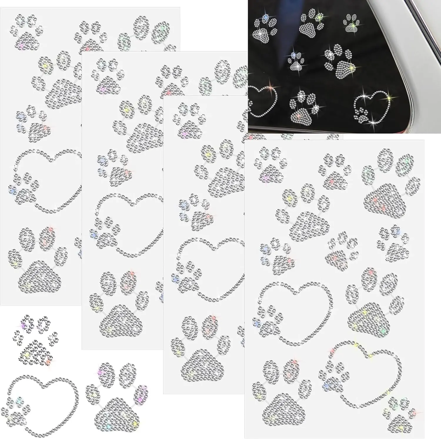 Multi-Color Rhinestone Car Stickers - 76 Pcs/4 Sheets Self-Adhesive Silver Glitter Paw Print Alphabet Animal Decals, Car Exterior Accessories for Automotive Crafts, Headphones