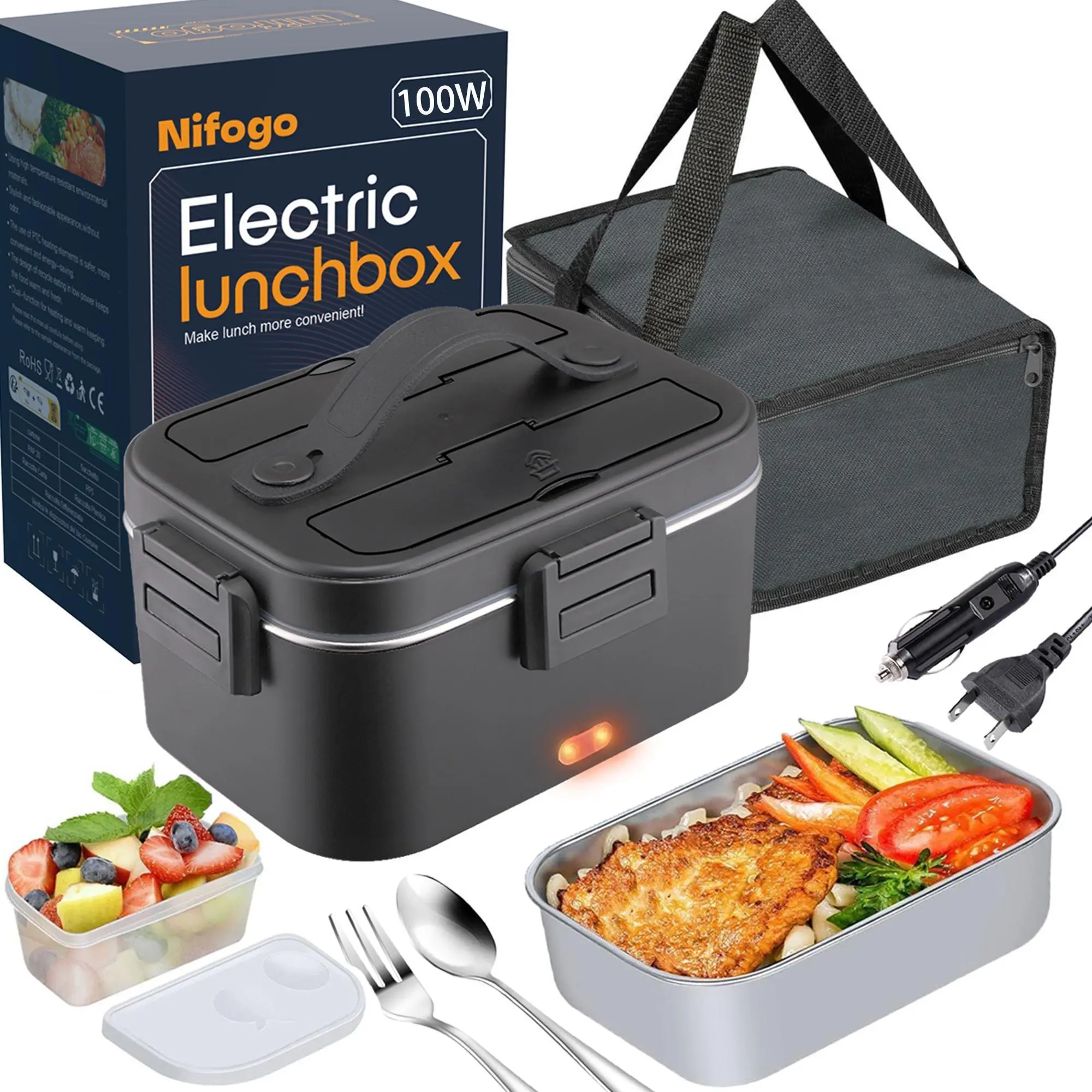 Nifogo Cordless Rechargeable Heated Lunch Box - 1.5L/1.8L Leakproof Insulated To Go Food Container, Multi-Voltage 110V/12V/24V for Car/Home, Compact Kitchenware Includes Set of Tableware & Carry Bag, Rechargeable Lunch Box, Warmer