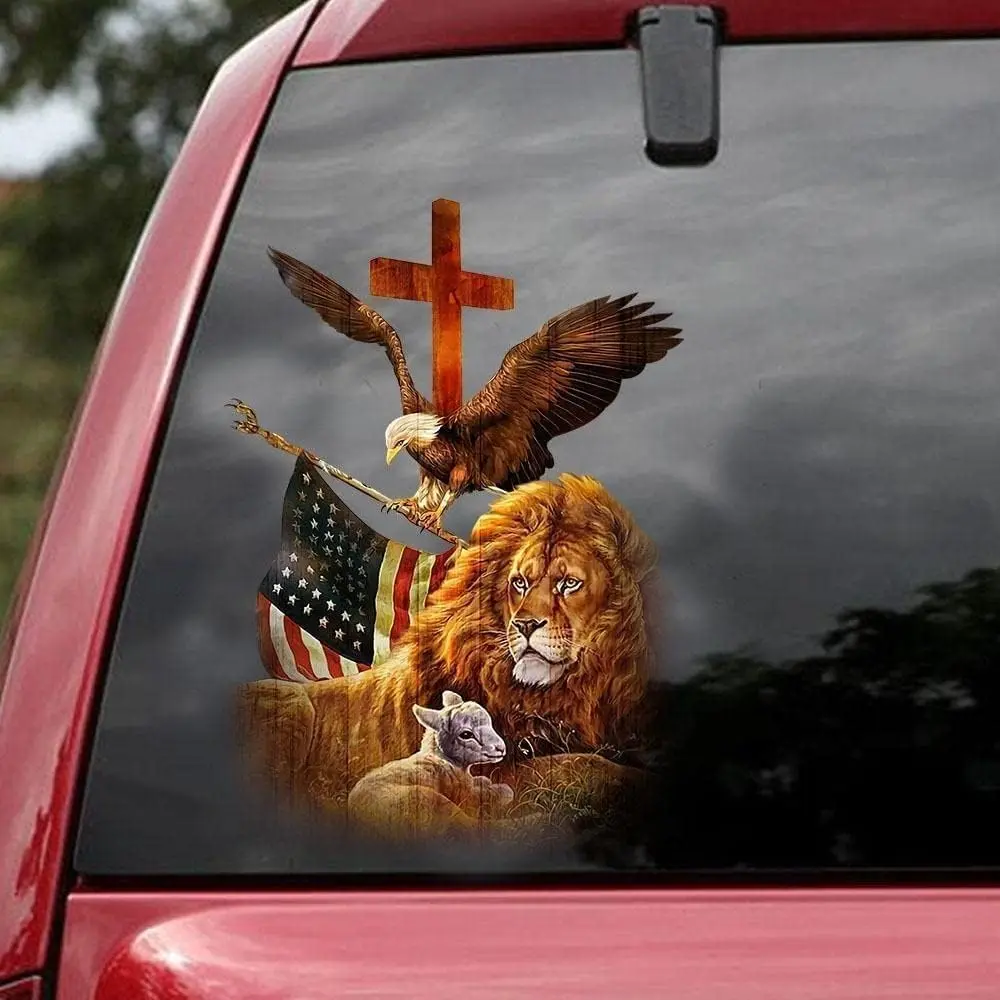 6x4 in Self-Adhesive Outdoor Safe Christian Automobile Sticker - 5-Layer Premium Vinyl Religion Decal, Lion Family, Jesus Cross, Eagle-Holding US Pride Design, Letter, Long Lasting, Waterproof Car Window Sticker Deco, Gift for Believers