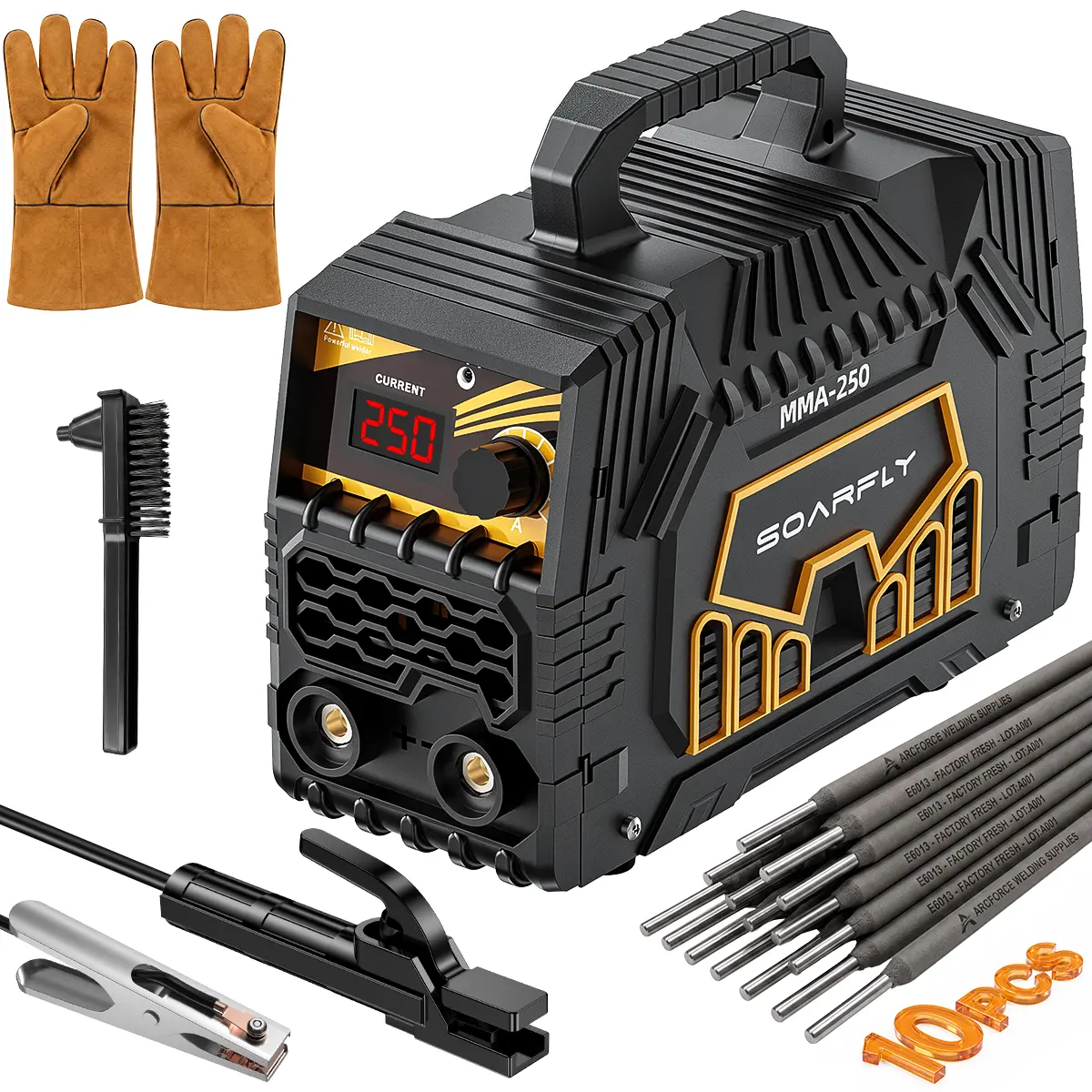 SOARFLY 250A Portable Welder Machine, 110V/220V Dual Voltage Mini ARC Welder with IGBT Inverter, Large LED Display, Hot Start, Arc Force and Anti-Stick for Home DIYrushes, Rods And Gloves