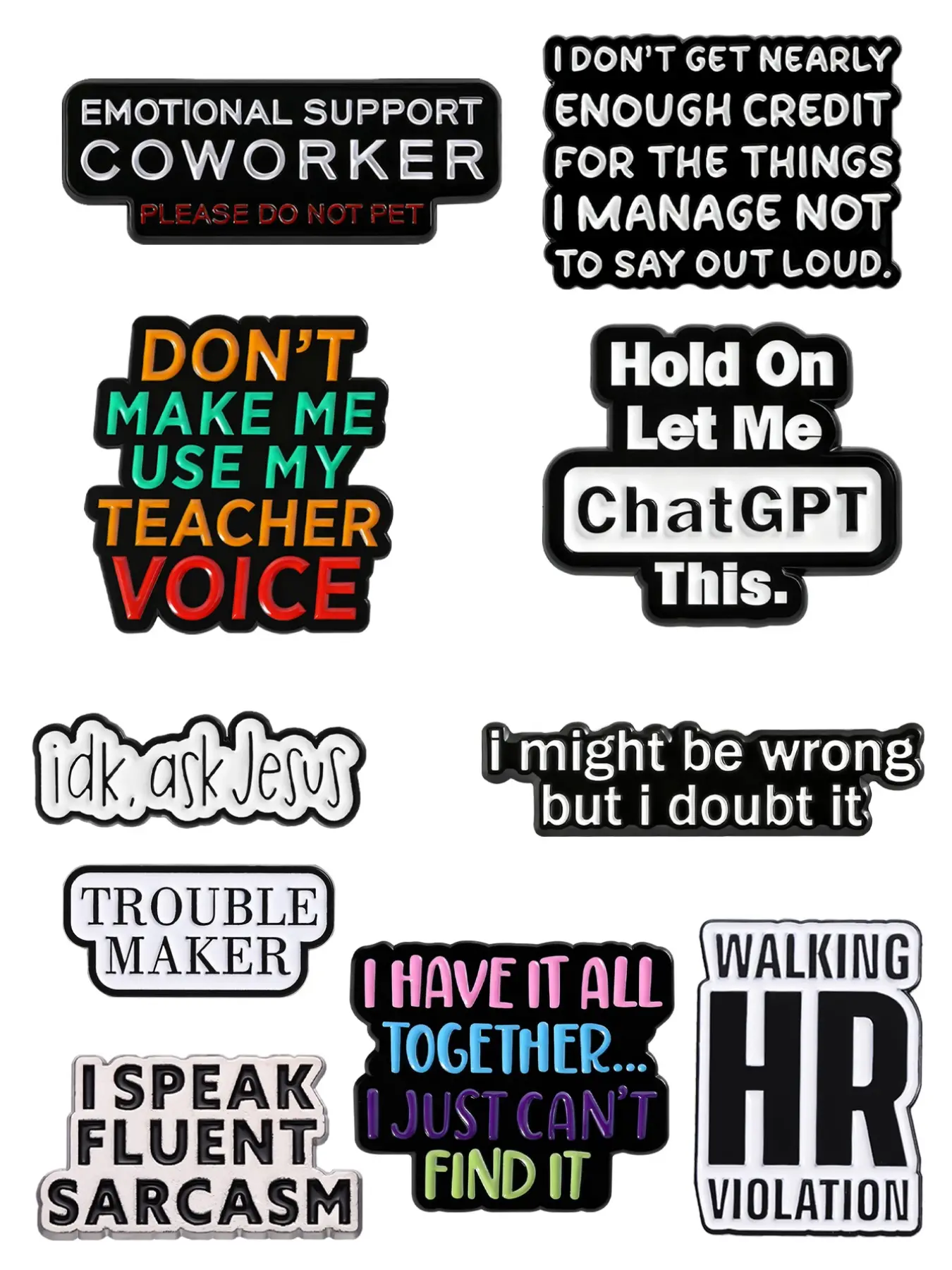 10-Piece Fun Text Badges with Engaging Patterns, Witty Humorous Self-Deprecating Slogans, Multi-Scene Workplace Social Design, Daily Wear for Young People
