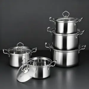5-Piece Stainless Steel Soup Pot Set with Glass Lid for Outdoor Cooking Dual-Sized Pots with Dual Handle Design Versatile Kitchen Utensils Ideal for Simmering Soups