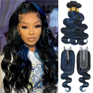ALHER #1B/Blue Colored 3 Bundles with Long Deep Part Lace 2X6 HD Lace Closure Wavy Black Mix Blue Highlight Bundle with Free Part 4x4/5x5 Closure 100% Unprocessed Remy Hair 3 Bundles 13x4 HD Lace Frontal Ear to Ear