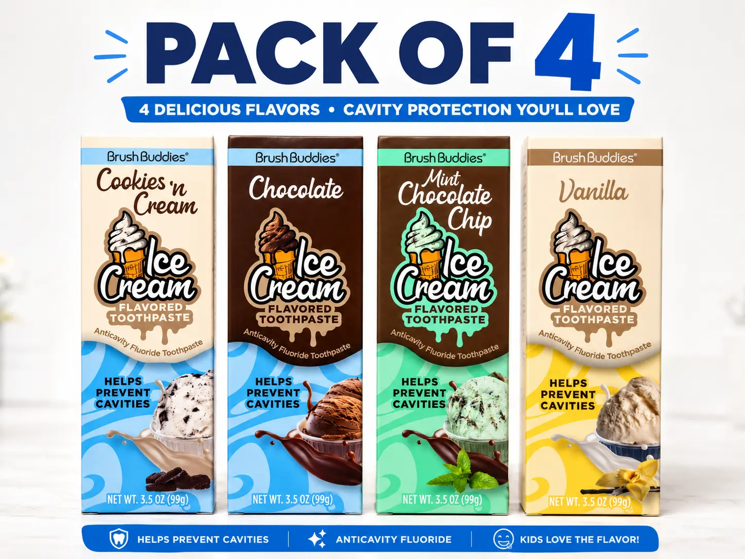 BrushBuddies Flavored Toothpaste Ice Cream - Cookies 'n cream, Chocolate, Mint Chocolate Chip and Vanilla - Set of 4 - 3.5 oz each - Helps prevent cavities, anticavity fluoride providing a fun, dessert-like, or minty, flavor experience Oral, dental care