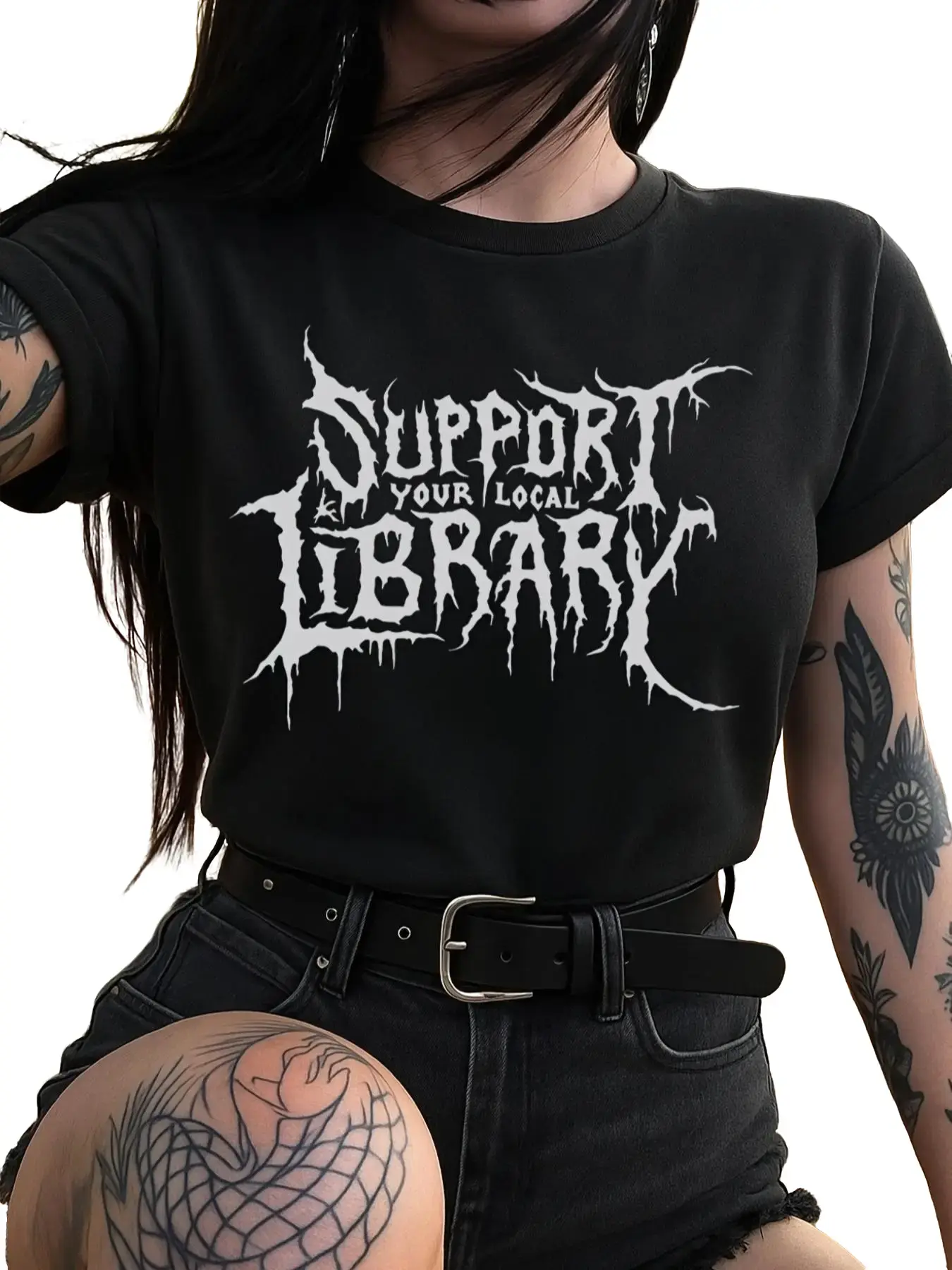 Women's T-Shirt with 'Support Local Library' Graphic, Casual Round Neck Short Sleeve Top in Comfortable 100% Cotton for Book Lovers, Shortsleeve, Fabric, Tshirt, Lady, Soft, T Shirts, Printed, Graphic Print, Short Sleeves, Fit