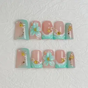 Reusable Press-On Nails, Mint Green Ombre Acrylics with Pearlescent Shimmer, 3D Shell, Starfish, and Rhinestone Accents for Summer Beach Wear, Acrylicnail