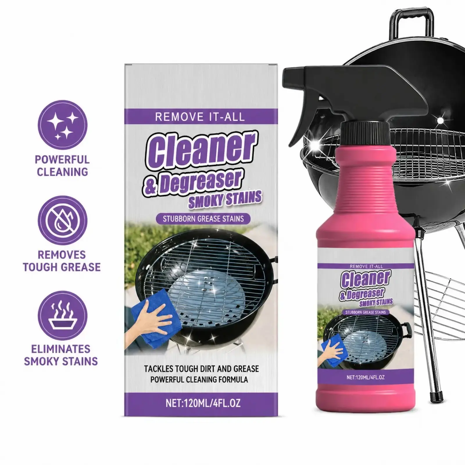 120ML BBQ Non-toxic, Heavy Duty, No Residue Grill Cleaner Degreaser Spray, All-Purpose Smoky Stain & Grease Remover, Fast-Acting Deep Cleaning Formula