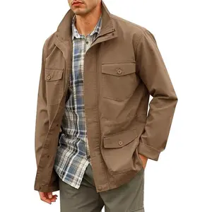 Runcati Men's Military Cotton Jacket - Long Sleeve, Thick, Full Zip & Button, Multi-Pocket Casual Plain Cargo Outdoor Field Coat