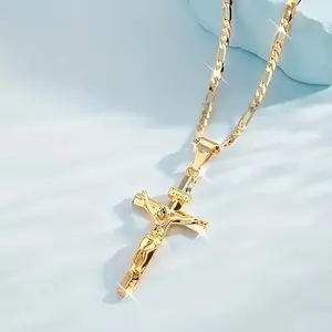 Men's vintage Jesus cross pendant necklace with a smooth chain, religious jewelry, Easter gift, Valentine's Day gift. Gold Plated Amulet