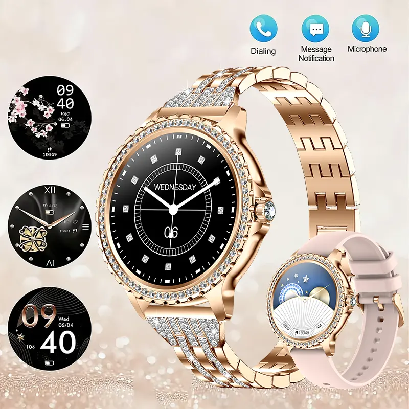 2026 New IP68 Rose Gold Women’s Smart Watch with Luxury Diamond Dial & Strap, 1.32” HD Full Touchscreen, Bluetooth Call Answer or Reject, Sleep & Step Tracker, 100+ Sport Modes, AI Voice Assistant, USB Charging, Extra Strap