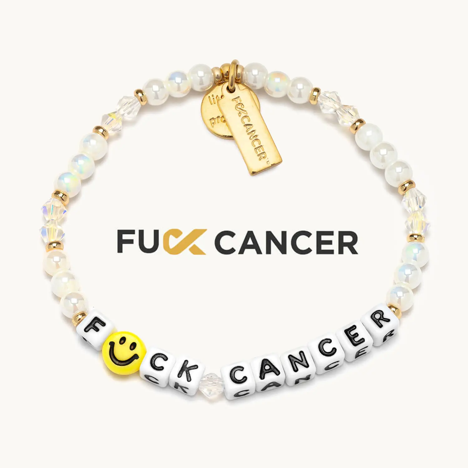Little Words Project F*ck Cancer Dainty Crystal Beaded Strand Bracelet - Adjustable, Stackable Beads & Crystals Bracelet with Dainty Charms & Pendants for Cancer Support, Beads Bracelets